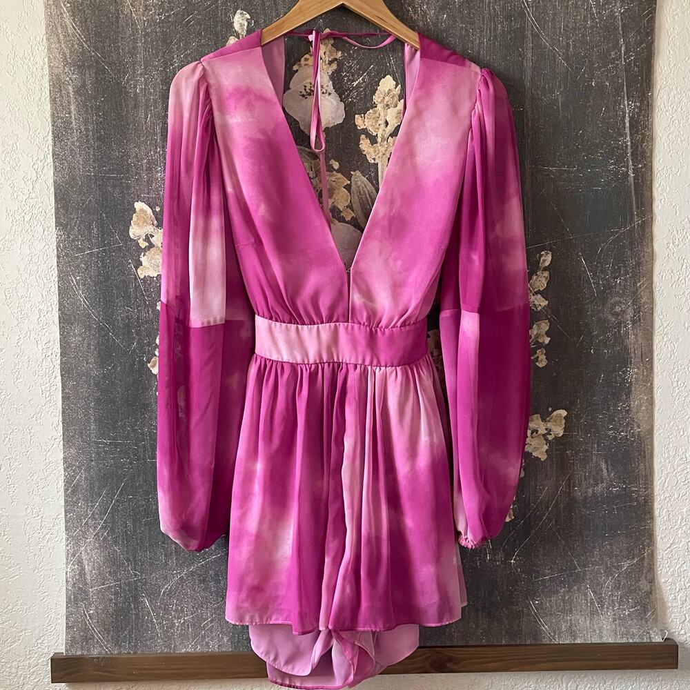 RTR TOCCIN X RTR Pink Tie Dye Romper Sz 2 Open Back Satin Long Sleeve Ruffles - Picture 6 of 12